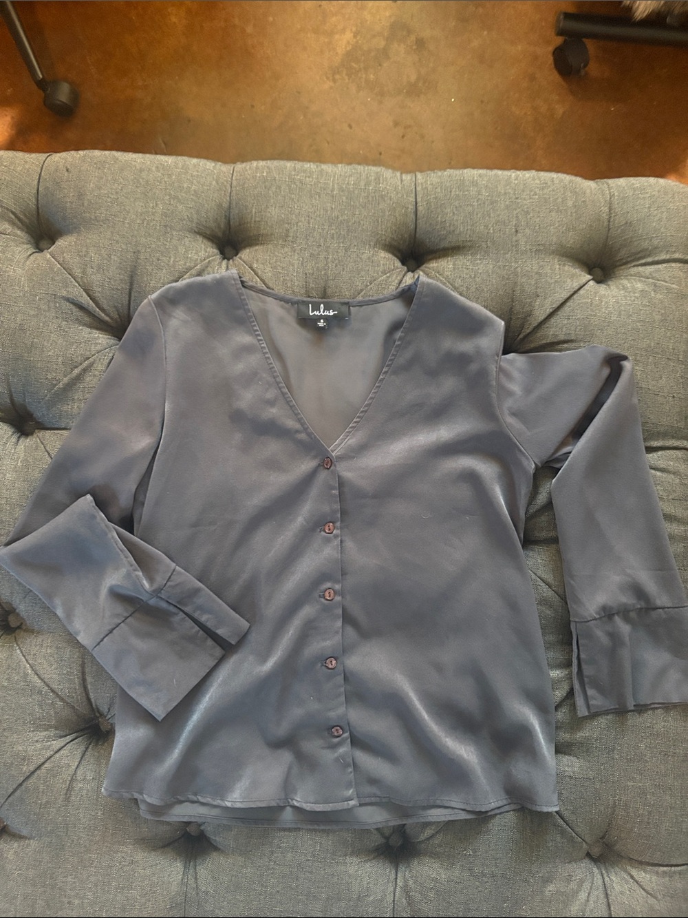 Lulu's Slate Gray V-Neck Button Front Blouse